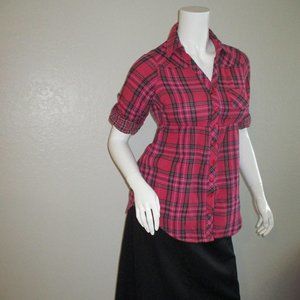 OP Fuchsia Black Plaid Rolled Up Sleeves Top 11/13